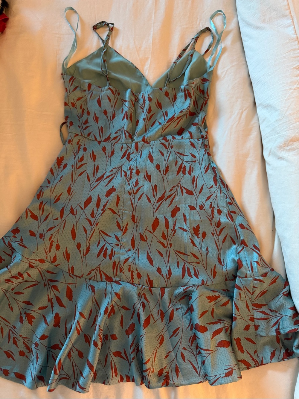 Light Blue Floral Print Slip Dress with Rust Red Tulip HELLO MOLLY.